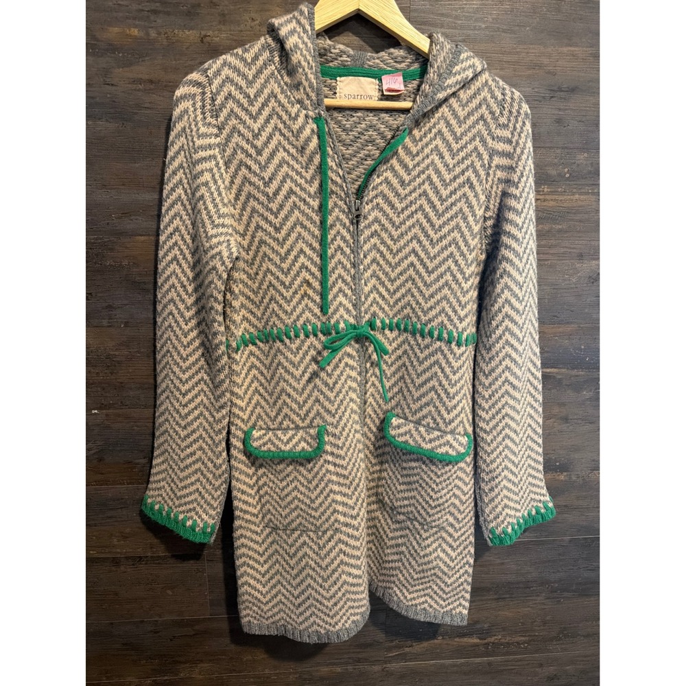 Sparrow Anthropologie Lambswool Chevron Full Zip Hooded Cardigan Sweater Grey S